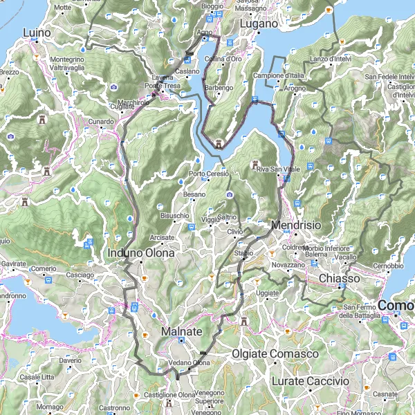 Karttaminiaatyyri "Lago di Lugano ja Monte Albano Pyöräreitti" pyöräilyinspiraatiosta alueella Ticino, Switzerland. Luotu Tarmacs.app pyöräilyreittisuunnittelijalla