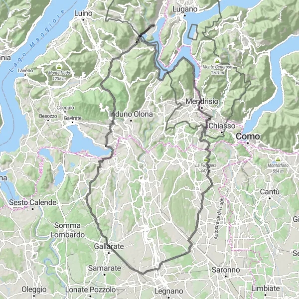 Miniatura della mappa di ispirazione al ciclismo "Giro in bicicletta da Caslano a Monte Legnone" nella regione di Ticino, Switzerland. Generata da Tarmacs.app, pianificatore di rotte ciclistiche