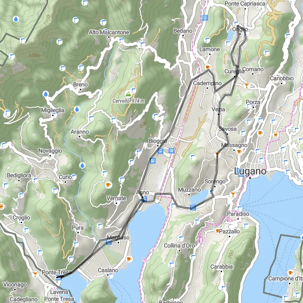 Karttaminiaatyyri "Monte San Giorgio ja Bioggio Polkupyöräreitti" pyöräilyinspiraatiosta alueella Ticino, Switzerland. Luotu Tarmacs.app pyöräilyreittisuunnittelijalla