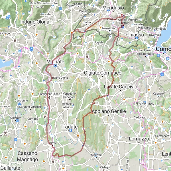 Miniaturekort af cykelinspirationen "Grusvejscykelrute til Bustecche og Genestrerio" i Ticino, Switzerland. Genereret af Tarmacs.app cykelruteplanlægger