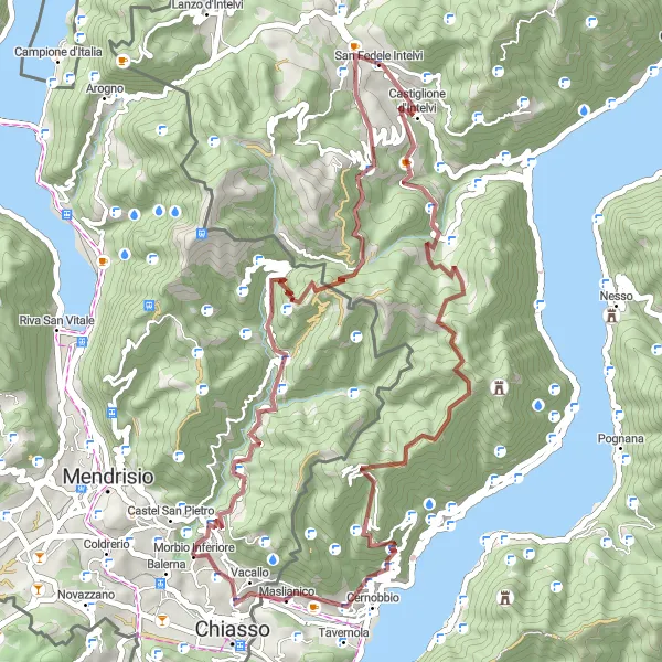 Miniatua del mapa de inspiración ciclista "Ruta de Grava a través de Muggio y Colma del Bugone" en Ticino, Switzerland. Generado por Tarmacs.app planificador de rutas ciclistas