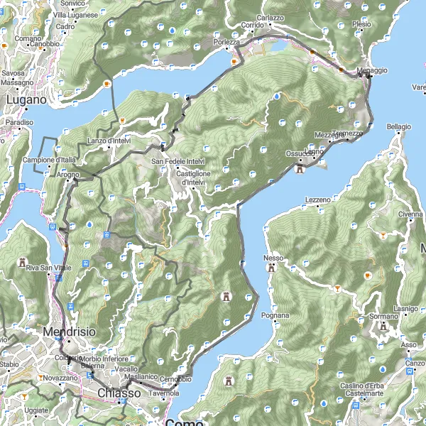 Kartminiatyr av "Utforsking av Balerna på landeveien" sykkelinspirasjon i Ticino, Switzerland. Generert av Tarmacs.app sykkelrutoplanlegger