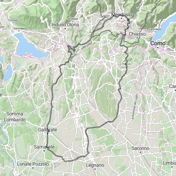 Zemljevid v pomanjšavi "Kolesarska pot okoli jezera Varese" kolesarske inspiracije v Ticino, Switzerland. Generirano z načrtovalcem kolesarskih poti Tarmacs.app