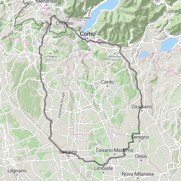 Miniatura della mappa di ispirazione al ciclismo "Giro dei Laghi di Como e Monate" nella regione di Ticino, Switzerland. Generata da Tarmacs.app, pianificatore di rotte ciclistiche