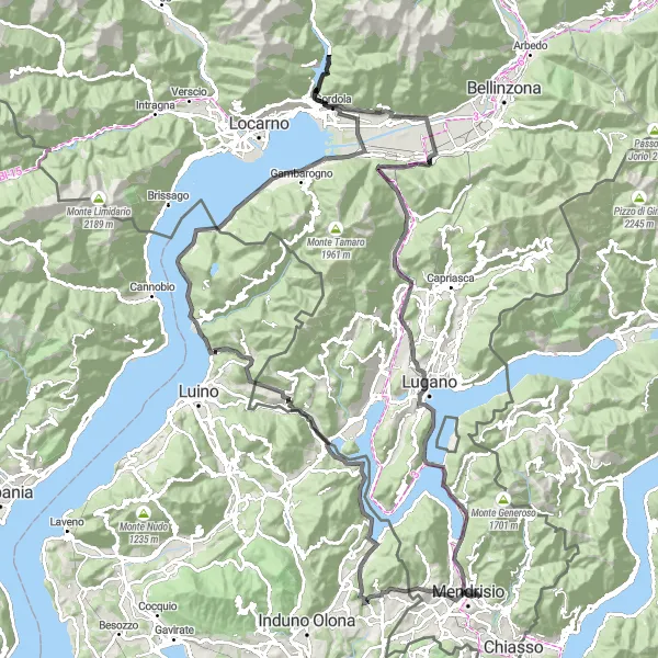 Miniature de la carte de l'inspiration cycliste "Tour du Lac Majeur et du Lac de Lugano" dans la Ticino, Switzerland. Générée par le planificateur d'itinéraire cycliste Tarmacs.app