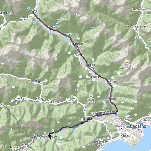 Zemljevid v pomanjšavi "Kolesarjenje okoli Cevia" kolesarske inspiracije v Ticino, Switzerland. Generirano z načrtovalcem kolesarskih poti Tarmacs.app