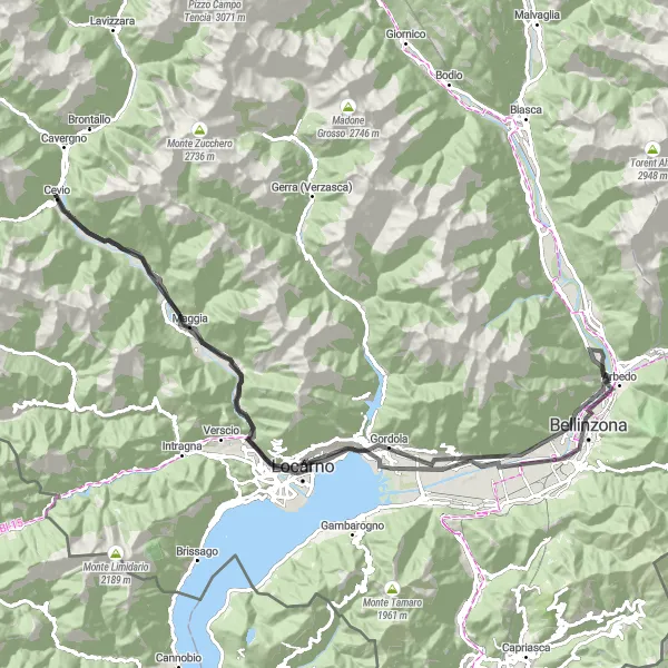 Miniatura della mappa di ispirazione al ciclismo "Tour in bicicletta tra Monti e Lago" nella regione di Ticino, Switzerland. Generata da Tarmacs.app, pianificatore di rotte ciclistiche
