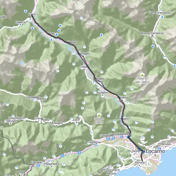 Miniatua del mapa de inspiración ciclista "Ruta de ciclismo de carretera a Maggia" en Ticino, Switzerland. Generado por Tarmacs.app planificador de rutas ciclistas