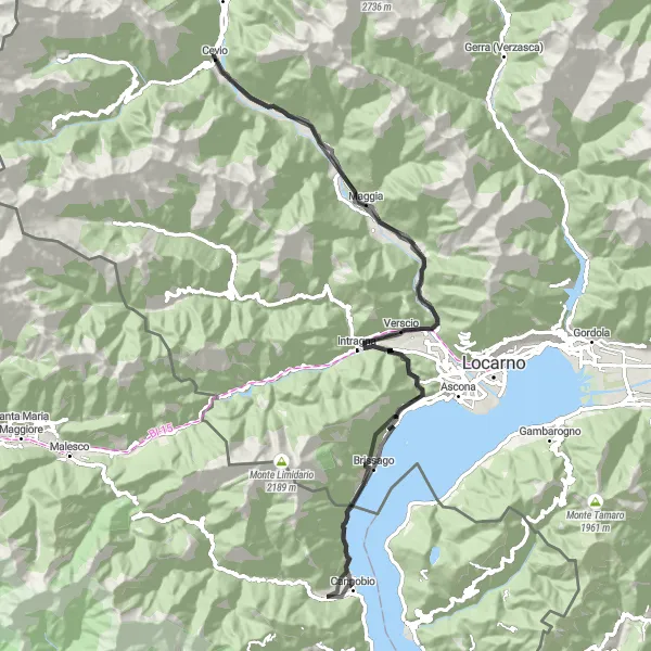 Miniature de la carte de l'inspiration cycliste "Tour des Vallées du Tessin" dans la Ticino, Switzerland. Générée par le planificateur d'itinéraire cycliste Tarmacs.app