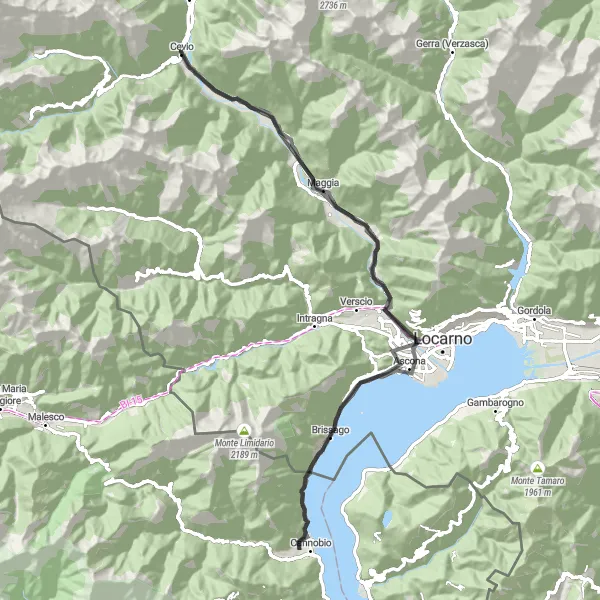 Miniatua del mapa de inspiración ciclista "Ruta circular en bicicleta de carretera por los alrededores de Cevio" en Ticino, Switzerland. Generado por Tarmacs.app planificador de rutas ciclistas