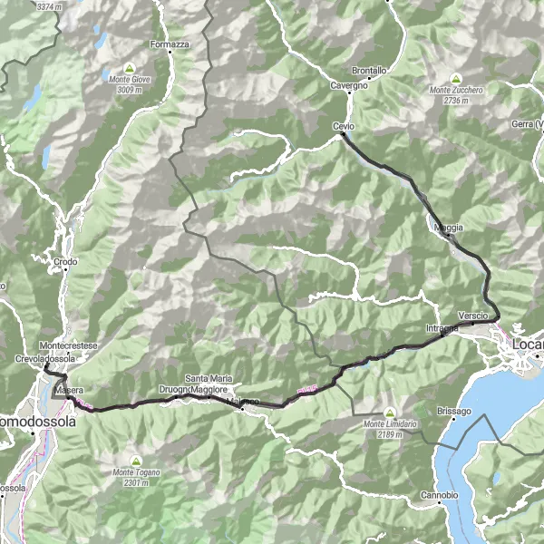 Zemljevid v pomanjšavi "Raziskovanje narave okoli Cevia" kolesarske inspiracije v Ticino, Switzerland. Generirano z načrtovalcem kolesarskih poti Tarmacs.app