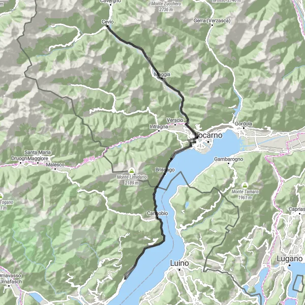 Map miniature of "Mountain Passes and Lake Views" cycling inspiration in Ticino, Switzerland. Generated by Tarmacs.app cycling route planner