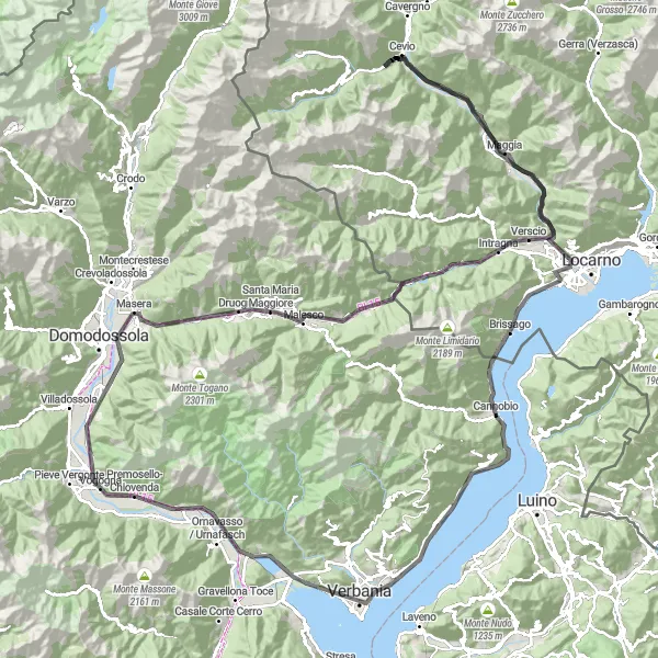 Miniatura della mappa di ispirazione al ciclismo "Tour in bicicletta lungo il Lago Maggiore e oltre" nella regione di Ticino, Switzerland. Generata da Tarmacs.app, pianificatore di rotte ciclistiche