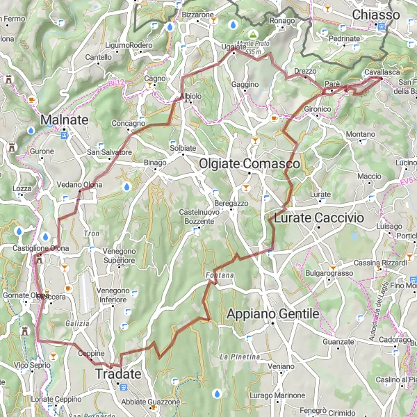 Miniature de la carte de l'inspiration cycliste "Aventure Gravel autour de Chiasso" dans la Ticino, Switzerland. Générée par le planificateur d'itinéraire cycliste Tarmacs.app