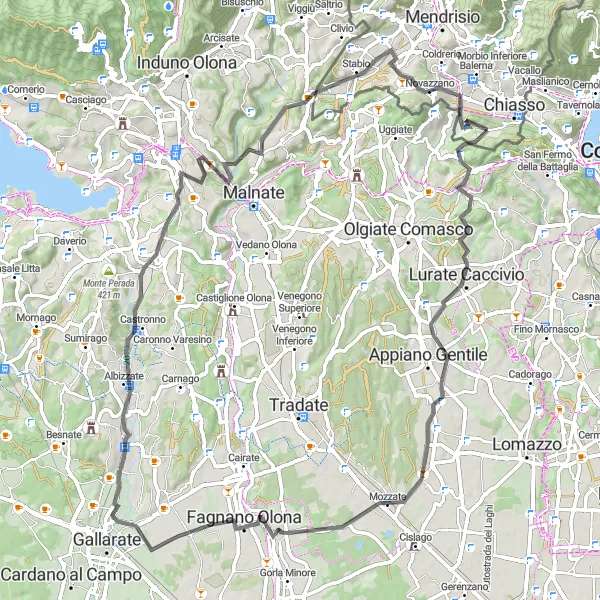 Miniatura della mappa di ispirazione al ciclismo "Avventura Ciclistica in Strada Vicino a Chiasso" nella regione di Ticino, Switzerland. Generata da Tarmacs.app, pianificatore di rotte ciclistiche