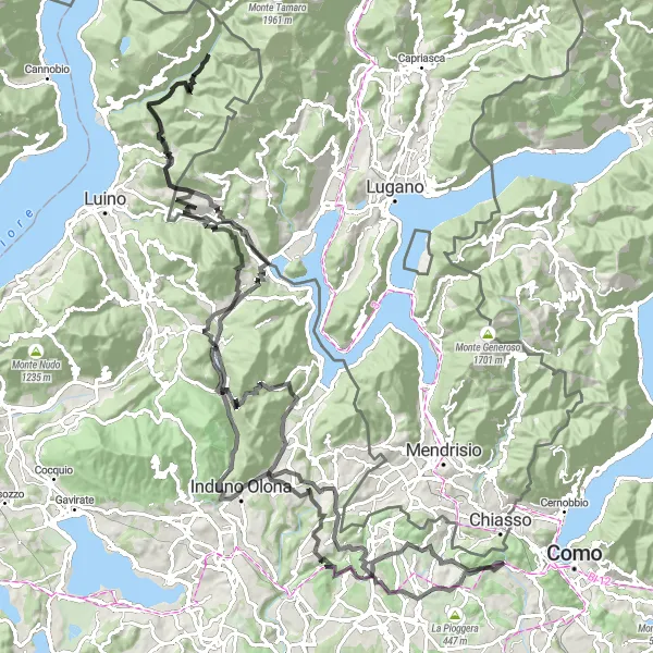 Kartminiatyr av "Chiasso - Monte Cucco - Cantello - Chiasso" sykkelinspirasjon i Ticino, Switzerland. Generert av Tarmacs.app sykkelrutoplanlegger