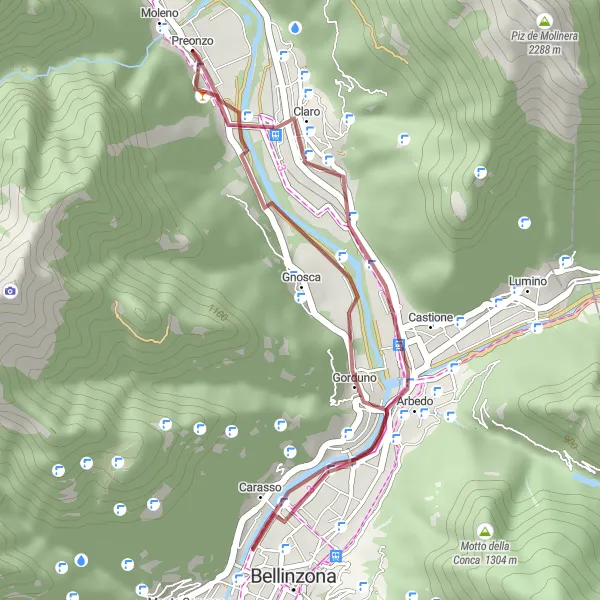 Map miniature of "Gravel Adventure in Claro" cycling inspiration in Ticino, Switzerland. Generated by Tarmacs.app cycling route planner