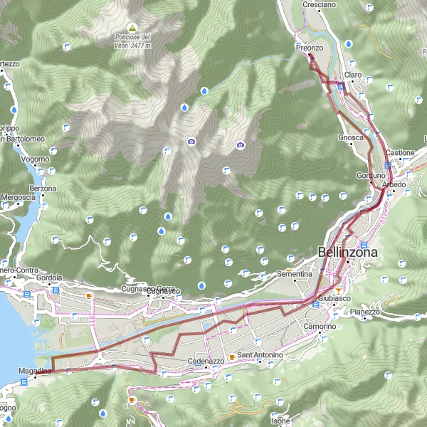 Miniature de la carte de l'inspiration cycliste "Découverte des sentiers de gravel du Tessin" dans la Ticino, Switzerland. Générée par le planificateur d'itinéraire cycliste Tarmacs.app