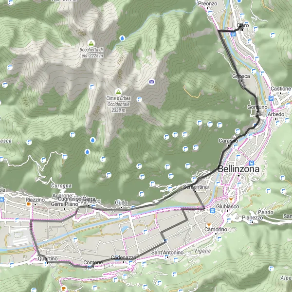 Karttaminiaatyyri "Claro - Sementina - Quartino - Gorduno - Claro" pyöräilyinspiraatiosta alueella Ticino, Switzerland. Luotu Tarmacs.app pyöräilyreittisuunnittelijalla