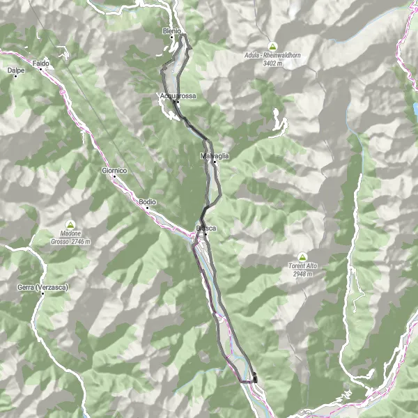Karttaminiaatyyri "Reitti Claron läheltä, Ticino, Sveitsi" pyöräilyinspiraatiosta alueella Ticino, Switzerland. Luotu Tarmacs.app pyöräilyreittisuunnittelijalla