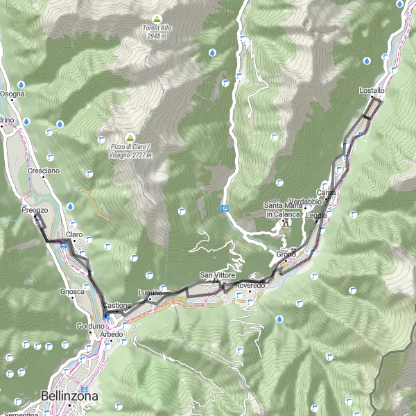 Zemljevid v pomanjšavi "Kolesarjenje skozi slikovite vasice" kolesarske inspiracije v Ticino, Switzerland. Generirano z načrtovalcem kolesarskih poti Tarmacs.app