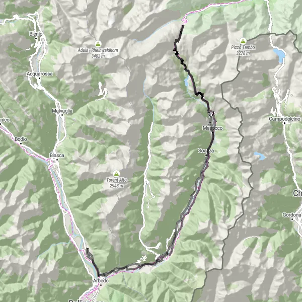 Miniaturní mapa "Cyklotrasa San Vittore - Mesocco - Arbedo" inspirace pro cyklisty v oblasti Ticino, Switzerland. Vytvořeno pomocí plánovače tras Tarmacs.app
