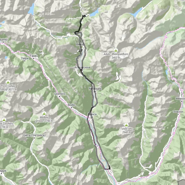 Miniature de la carte de l'inspiration cycliste "Aventure montagnarde dans la région du Tessin" dans la Ticino, Switzerland. Générée par le planificateur d'itinéraire cycliste Tarmacs.app