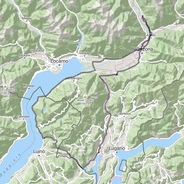 Miniatura della mappa di ispirazione al ciclismo "Giro Panoramico da Claro a Cugnasco" nella regione di Ticino, Switzerland. Generata da Tarmacs.app, pianificatore di rotte ciclistiche