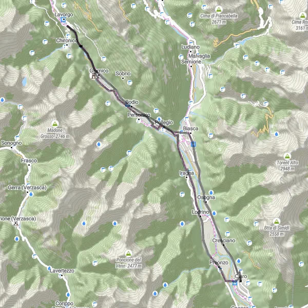 Zemljevid v pomanjšavi "Kolesarska pot skozi Cresciano, Pollegio, Giornico, Castello di Santa Maria in Lodrino" kolesarske inspiracije v Ticino, Switzerland. Generirano z načrtovalcem kolesarskih poti Tarmacs.app