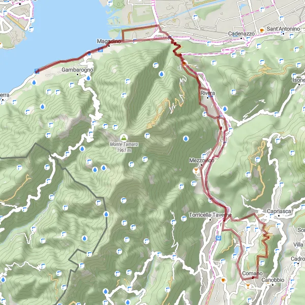 Miniaturní mapa "Kamenitá cyklotrasa od Comana" inspirace pro cyklisty v oblasti Ticino, Switzerland. Vytvořeno pomocí plánovače tras Tarmacs.app