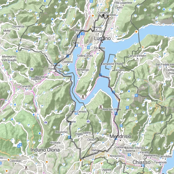 Miniatura mapy "Trasa szosowa Monte San Salvatore i Monte Astorio" - trasy rowerowej w Ticino, Switzerland. Wygenerowane przez planer tras rowerowych Tarmacs.app