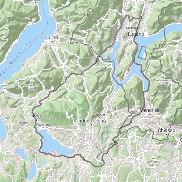 Miniatura della mappa di ispirazione al ciclismo "Road Monte San Salvatore - Monte Rocchetta" nella regione di Ticino, Switzerland. Generata da Tarmacs.app, pianificatore di rotte ciclistiche