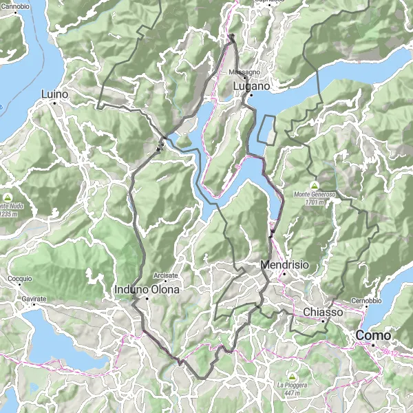 Miniature de la carte de l'inspiration cycliste "Tour du Monte San Salvatore et Monte Monarco" dans la Ticino, Switzerland. Générée par le planificateur d'itinéraire cycliste Tarmacs.app