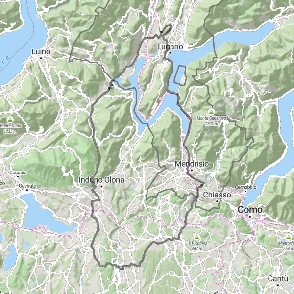 Miniatua del mapa de inspiración ciclista "Ruta de ciclismo de 93 km en carretera desde Comano" en Ticino, Switzerland. Generado por Tarmacs.app planificador de rutas ciclistas