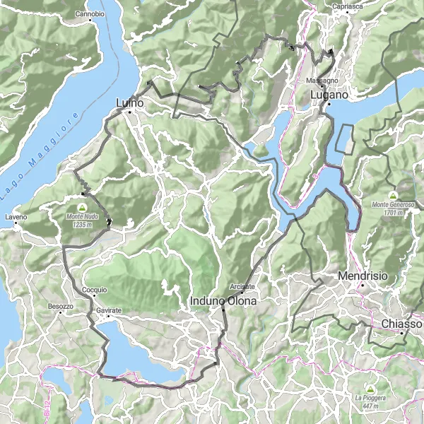 Miniature de la carte de l'inspiration cycliste "Aventure cycliste autour de Monte San Giorgio et Brenta" dans la Ticino, Switzerland. Générée par le planificateur d'itinéraire cycliste Tarmacs.app