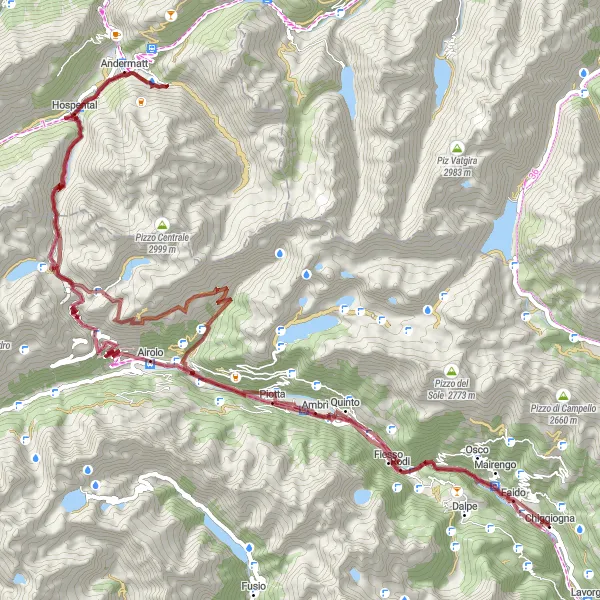 Miniatua del mapa de inspiración ciclista "Aventura en Grava de Andermatt" en Ticino, Switzerland. Generado por Tarmacs.app planificador de rutas ciclistas
