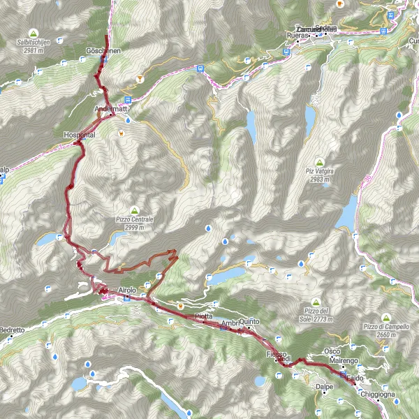 Karttaminiaatyyri "Vuoriston ja jokilaaksojen kiertäminen" pyöräilyinspiraatiosta alueella Ticino, Switzerland. Luotu Tarmacs.app pyöräilyreittisuunnittelijalla