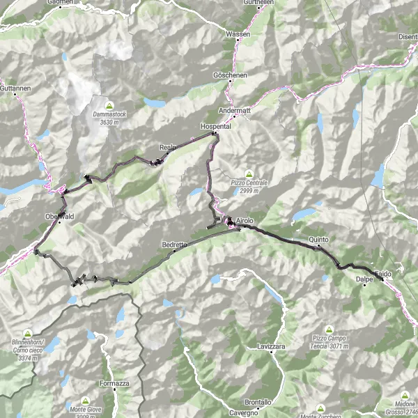 Miniature de la carte de l'inspiration cycliste "Le Grand Tour des Cols Alpins" dans la Ticino, Switzerland. Générée par le planificateur d'itinéraire cycliste Tarmacs.app