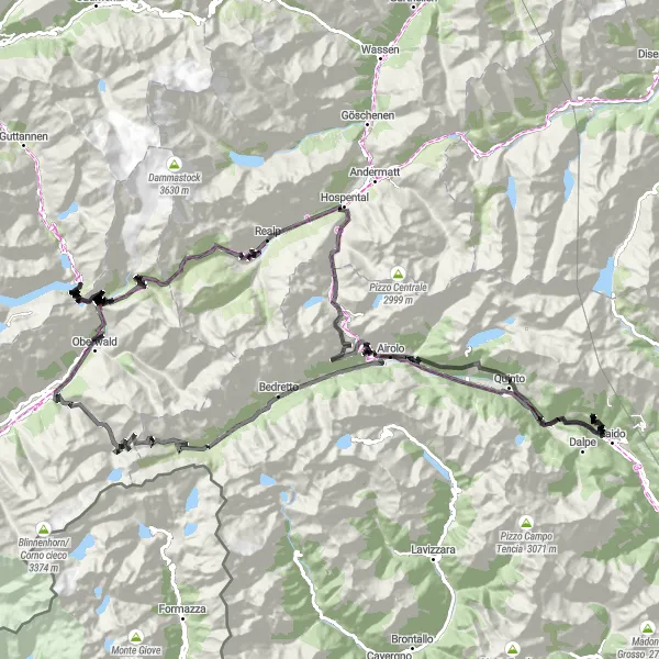 Zemljevid v pomanjšavi "Alpska pustolovščina na dveh kolesih" kolesarske inspiracije v Ticino, Switzerland. Generirano z načrtovalcem kolesarskih poti Tarmacs.app