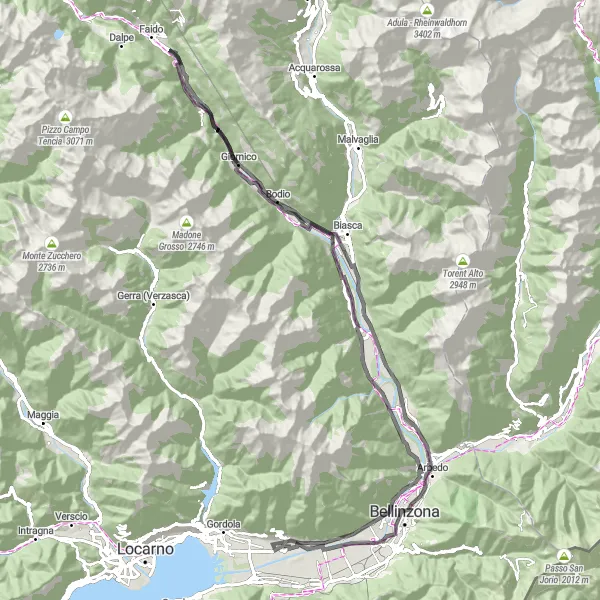 Mapa miniatúra "Faido - Bellinzona - Calonico" cyklistická inšpirácia v Ticino, Switzerland. Vygenerované cyklistickým plánovačom trás Tarmacs.app