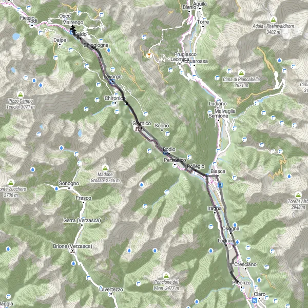 Miniature de la carte de l'inspiration cycliste "La traversée des villages de la vallée" dans la Ticino, Switzerland. Générée par le planificateur d'itinéraire cycliste Tarmacs.app