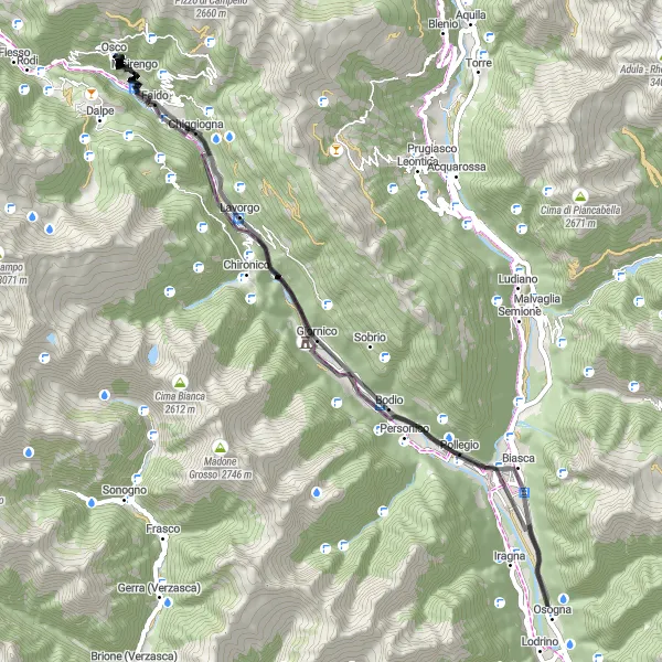 Map miniature of "Ferrovia S. Gottardo - Anzonico - Bodio - Osogna - Biasca - Rossura" cycling inspiration in Ticino, Switzerland. Generated by Tarmacs.app cycling route planner