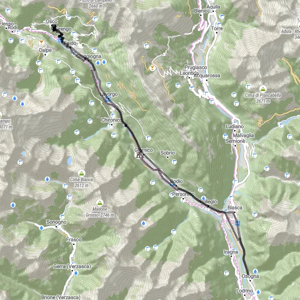 Karttaminiaatyyri "Pyöräilyretki Faidosta Biascan kautta" pyöräilyinspiraatiosta alueella Ticino, Switzerland. Luotu Tarmacs.app pyöräilyreittisuunnittelijalla