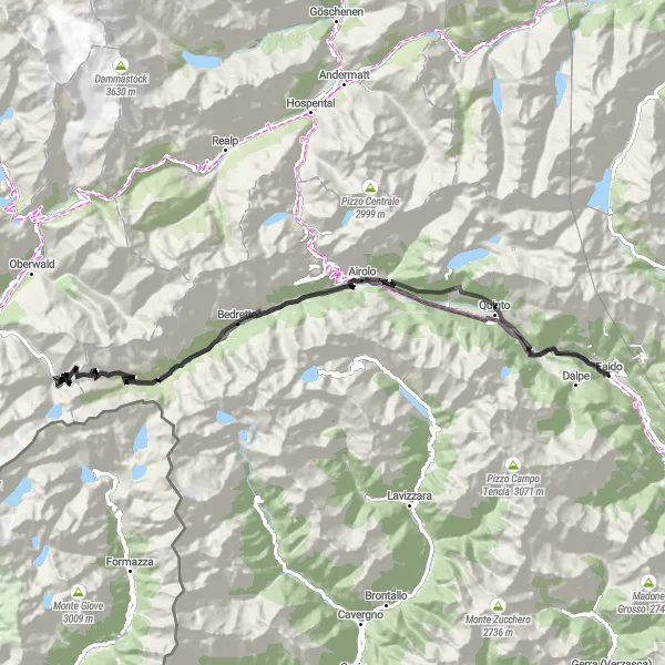 Map miniature of "Osco - Ferrovia S. Gottardo - Ambrì - Aussicht ins Bedrettothal - All'Acqua - Nufenenstock - Nufenenpass / Passo della Novena - Bedretto - Forca - Quinto - Mairengo" cycling inspiration in Ticino, Switzerland. Generated by Tarmacs.app cycling route planner