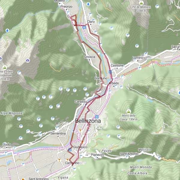 Zemljevid v pomanjšavi "Kolesarska pot Gorduno - Giubiasco" kolesarske inspiracije v Ticino, Switzerland. Generirano z načrtovalcem kolesarskih poti Tarmacs.app