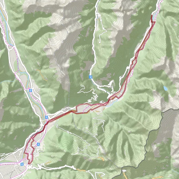 Miniatua del mapa de inspiración ciclista "Ruta de Grava a través de San Vittore y Bellinzona" en Ticino, Switzerland. Generado por Tarmacs.app planificador de rutas ciclistas