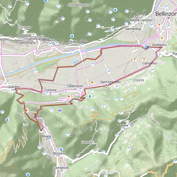 Miniatua del mapa de inspiración ciclista "Ruta del Gravel de Quartino a Camorino" en Ticino, Switzerland. Generado por Tarmacs.app planificador de rutas ciclistas