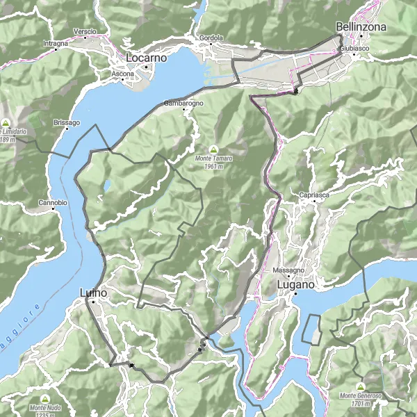 Miniaturní mapa "Výzva Monte San Giorgio" inspirace pro cyklisty v oblasti Ticino, Switzerland. Vytvořeno pomocí plánovače tras Tarmacs.app
