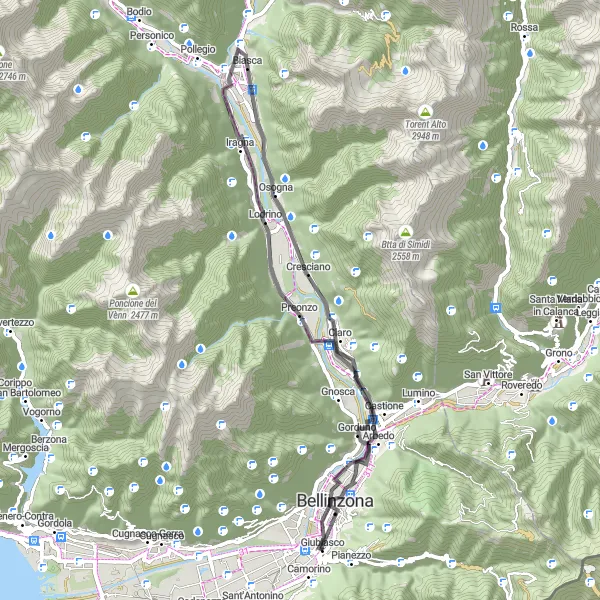 Miniatura della mappa di ispirazione al ciclismo "Corsa su strada da Giubiasco a Arbedo" nella regione di Ticino, Switzerland. Generata da Tarmacs.app, pianificatore di rotte ciclistiche