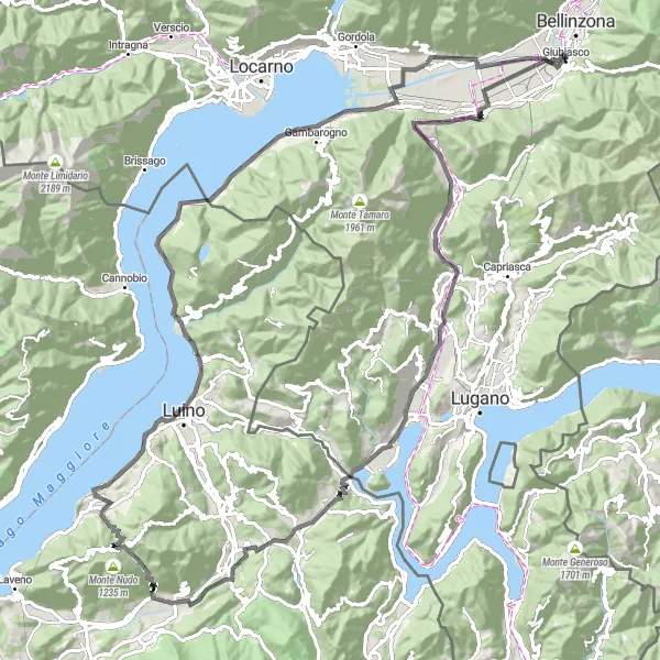 Miniaturní mapa "Náročná cesta s výhledy" inspirace pro cyklisty v oblasti Ticino, Switzerland. Vytvořeno pomocí plánovače tras Tarmacs.app